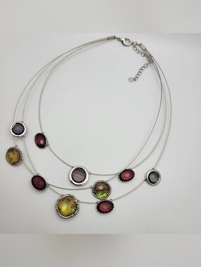 Multi-Strand Wire Necklace Abalone Shell Amethyst Garnet Glass Stations
